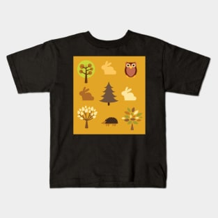 Nature (rabbits, hedgehogs and owls) pattern Kids T-Shirt